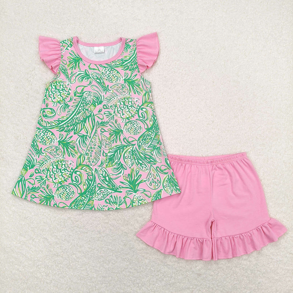 Sibling Baby Girls Sea Flowers Tunic Ruffle Shorts Outfits