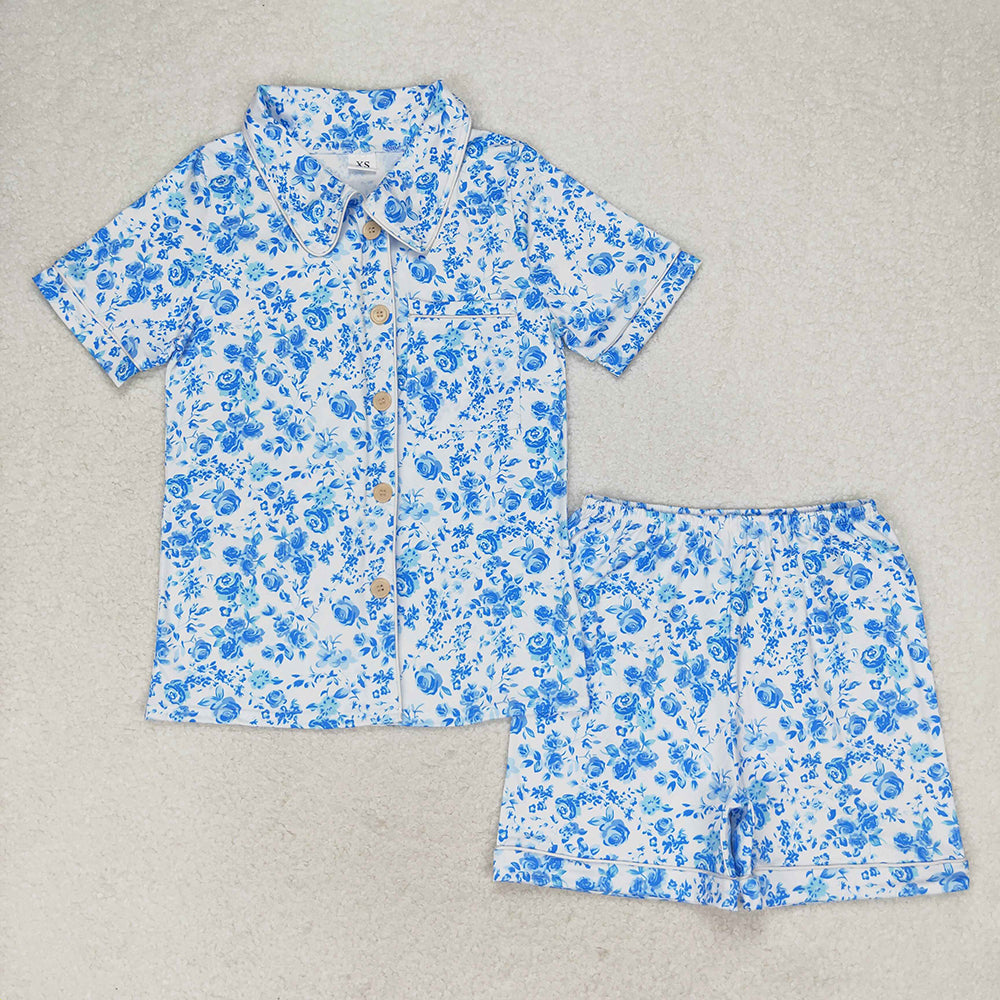 GSSO1148 adult women pajamas blue flowers summer lounge wear sets