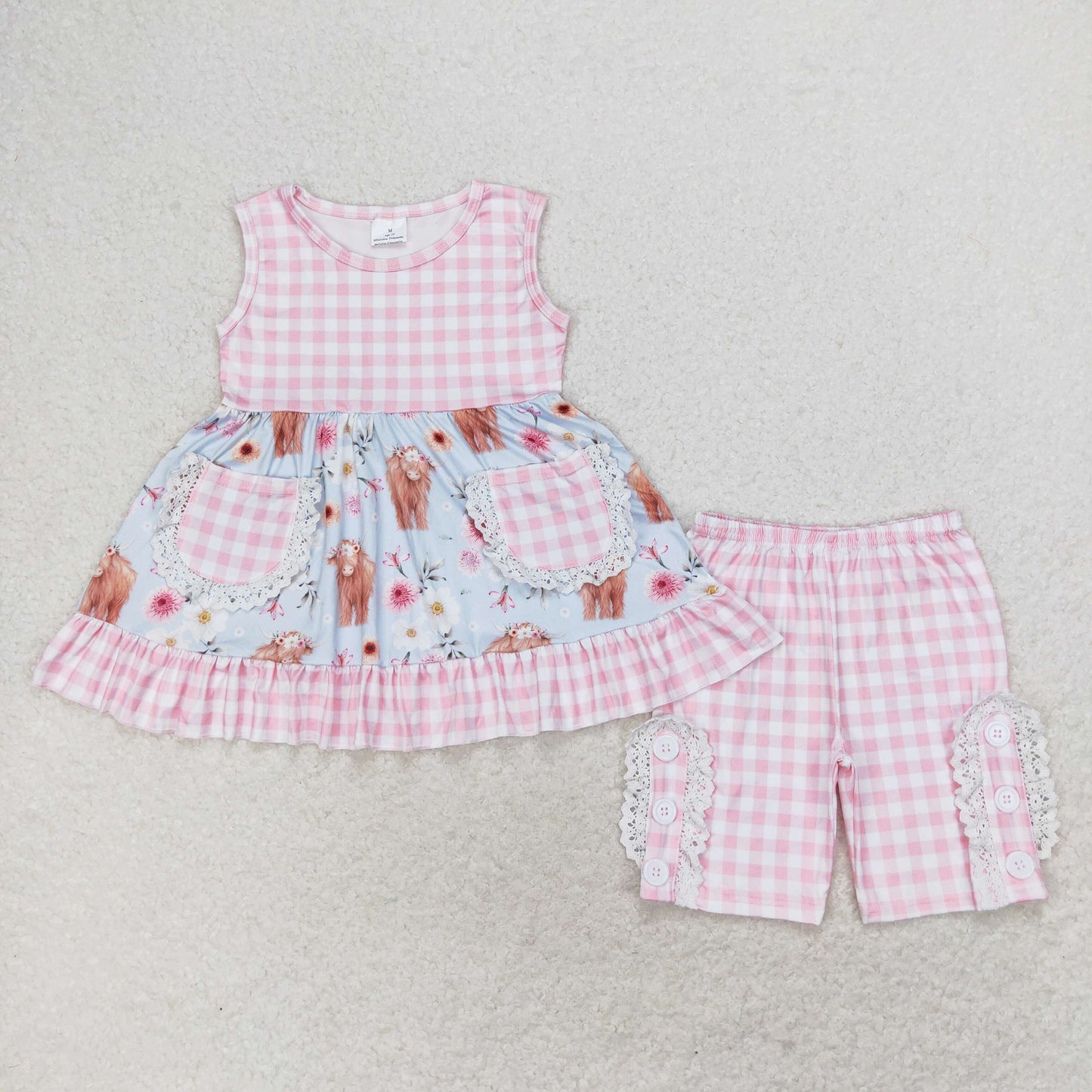 Sibling Baby Girls Checkered Floral Tunic Top Ruffle Middle Length Shorts Clothes Setsv