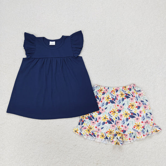 girls navy Pearl tops summer floral shorts sets GSSO1296