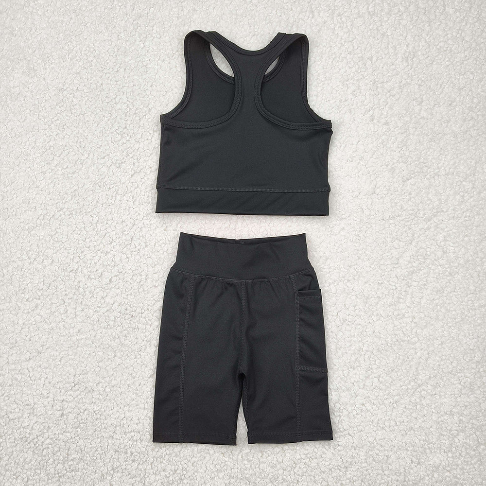 GSSO1517 Black Vest Top Yoga Biking Shorts Boutique Outfits Sets
