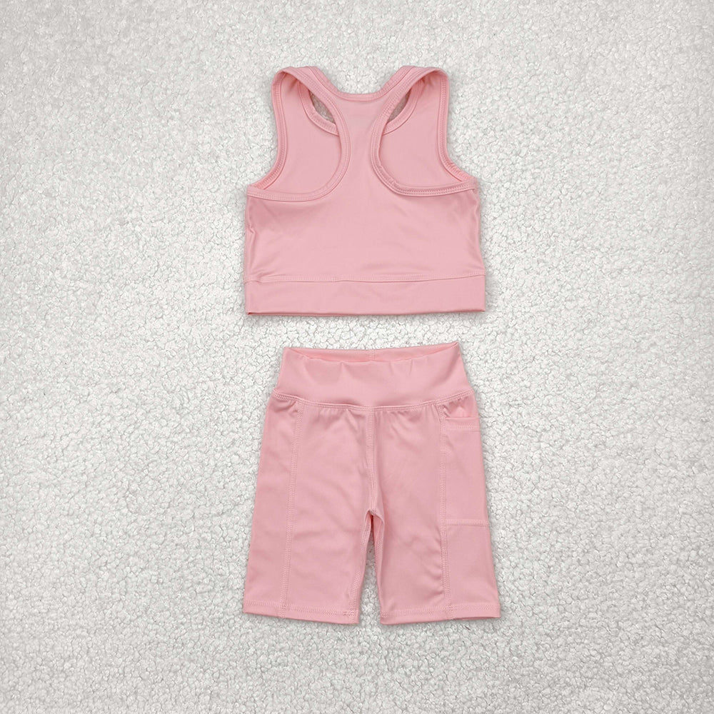 GSSO1518 Pink Vest Top Yoga Biking Shorts Boutique Outfits Sets