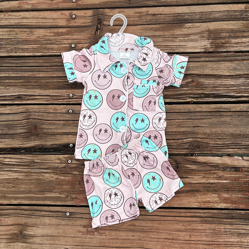 Boys Girls Smile Western Button Ups Shirt Shorts Summer Pajamas