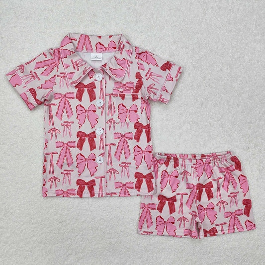 GSSO1718 baby clothes hot pink bows toddler girls summer pajamas