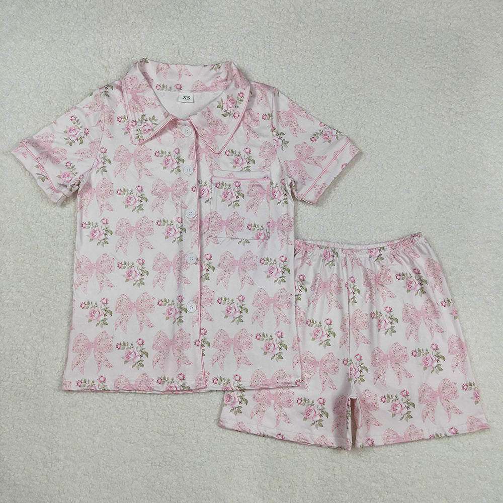 GSSO1779 adult women pajamas flowers pink bows summer lounge wear sets