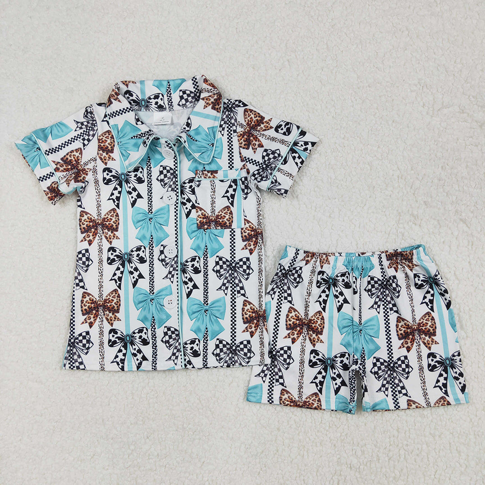 GSSO1858 baby clothes turquoise western bows toddler girls summer pajamas