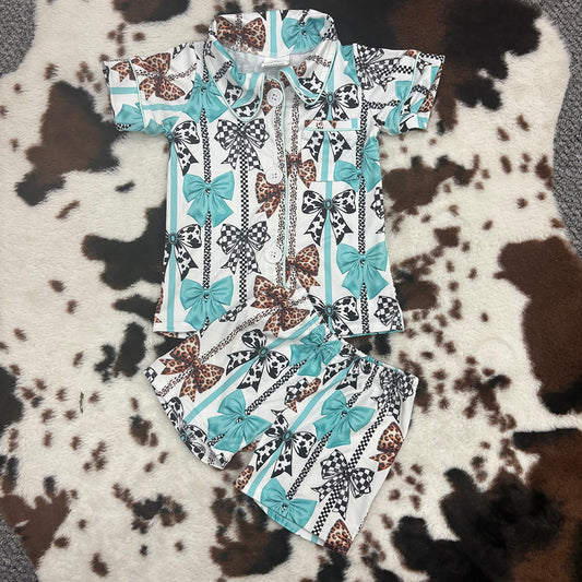 GSSO1858 baby clothes turquoise western bows toddler girls summer pajamas