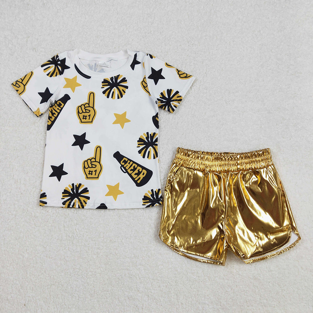 Sibling Baby Girls Cheer Team Tops Metallic Shorts Clothes Sets