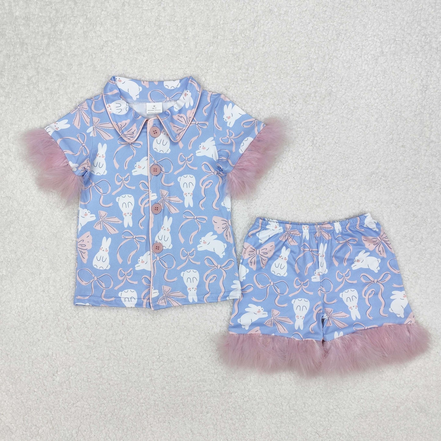 GSSO1946 Baby Girls Bows Rabbits Button Top Shorts Fur Sleeve Easter Pajamas Sets