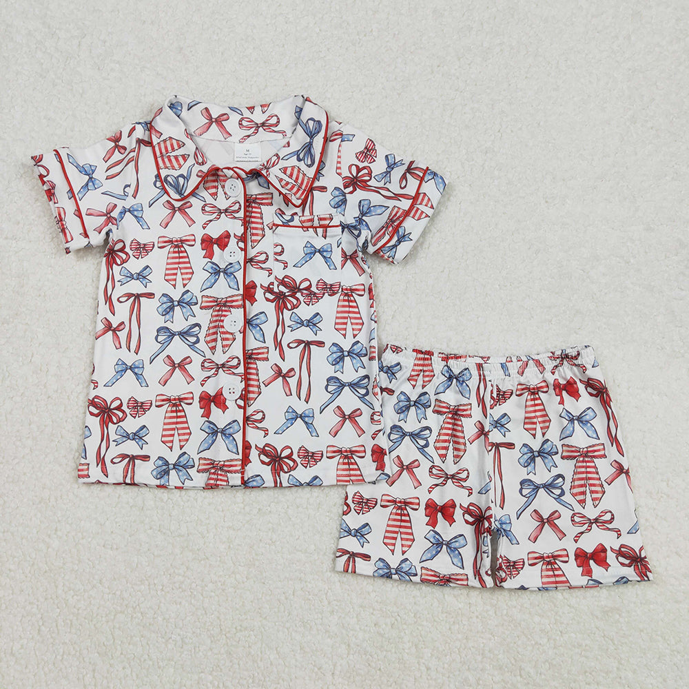 Sibling Baby Girls Bows Button Top Short 4th Of July Pajamas Sets
