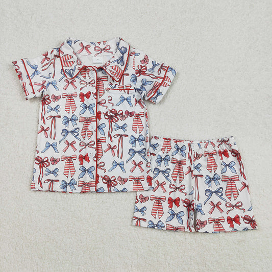 GSSO1966 Boys Girls 4th of july bows Button Ups Shirt Shorts Summer Pajamas