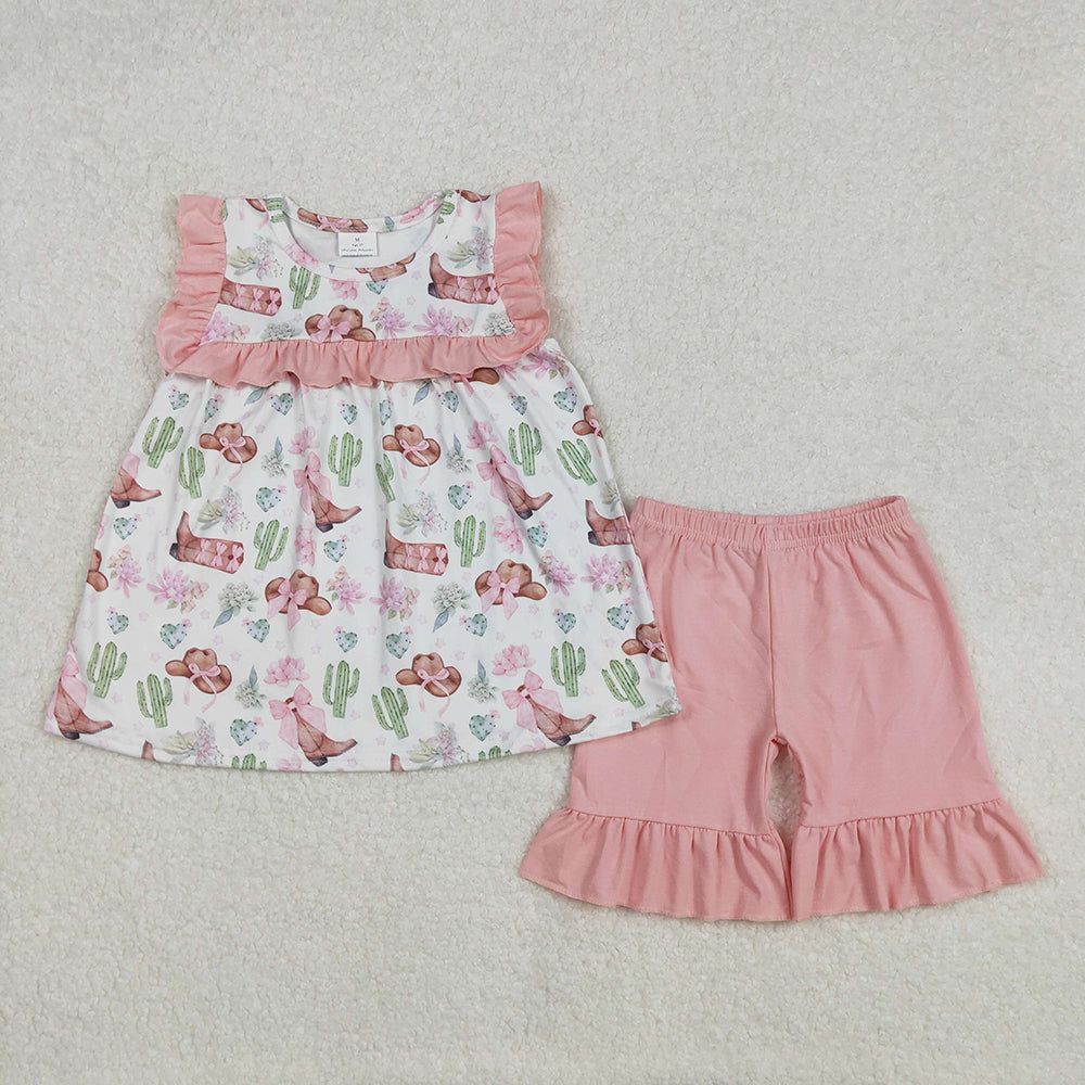 GSSO2066 Baby girls western boots cactus tunic ruffle shorts outfits