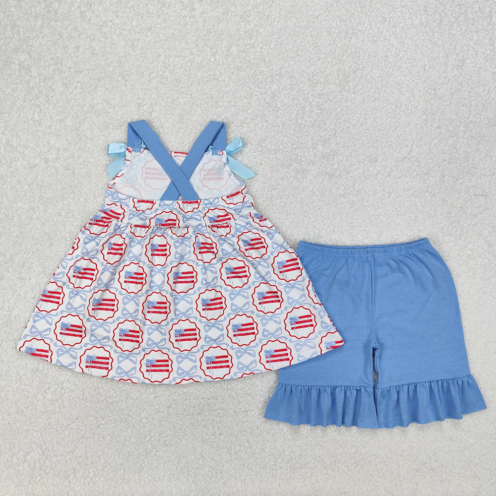 Sibling Baby Girls Blue Bows Flag Rompers Outfits Sets