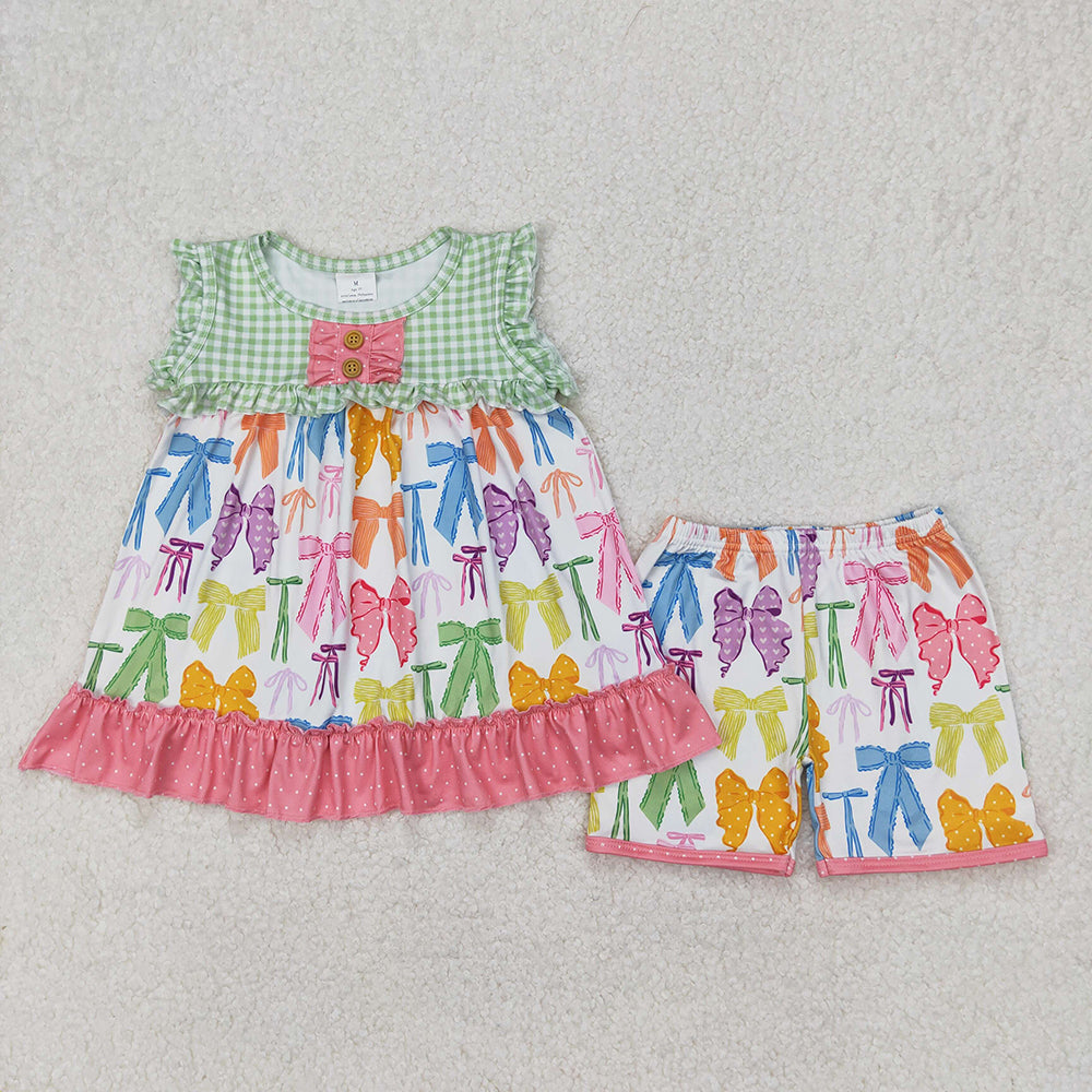 Sibling Baby Girls Colorful Bows Tops Shorts Outfits Sets
