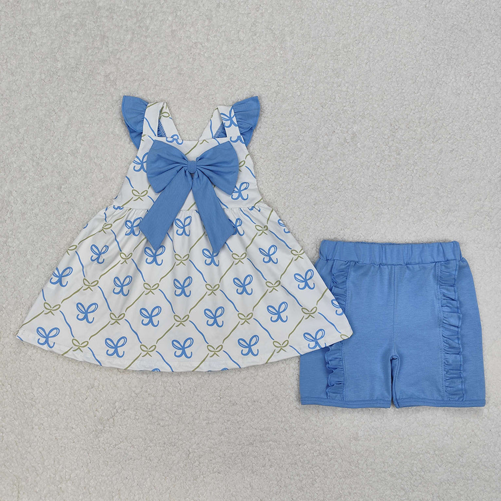 Sibling Baby Girls Blue Bows Rompers Outfits Sets