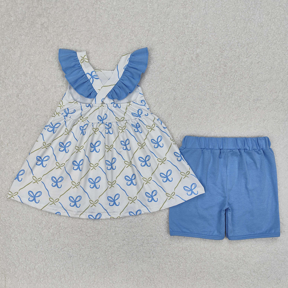 Sibling Baby Girls Blue Bows Rompers Outfits Sets