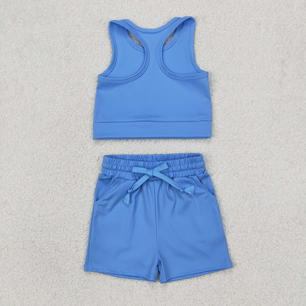 GSSO2132 Baby girls blue top yoga shorts outfits sets