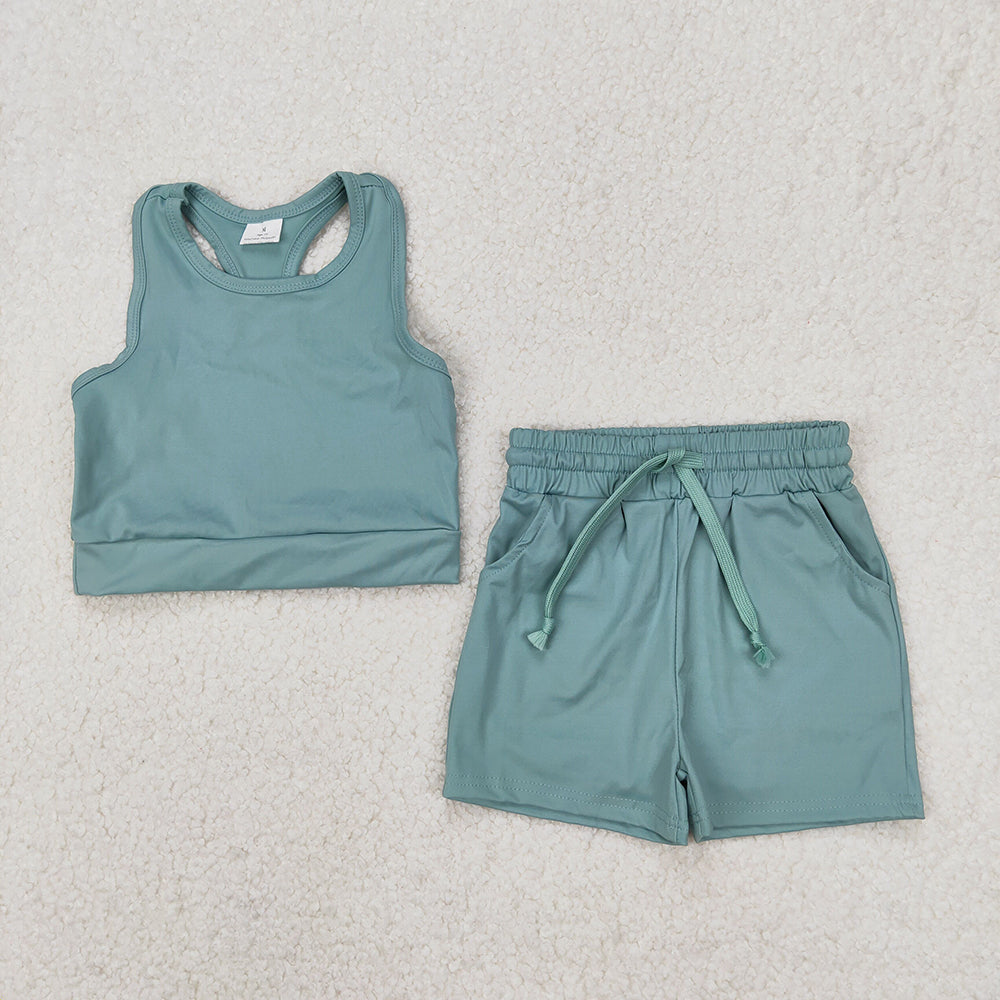 GSSO2133 Baby girls green top yoga shorts outfits sets