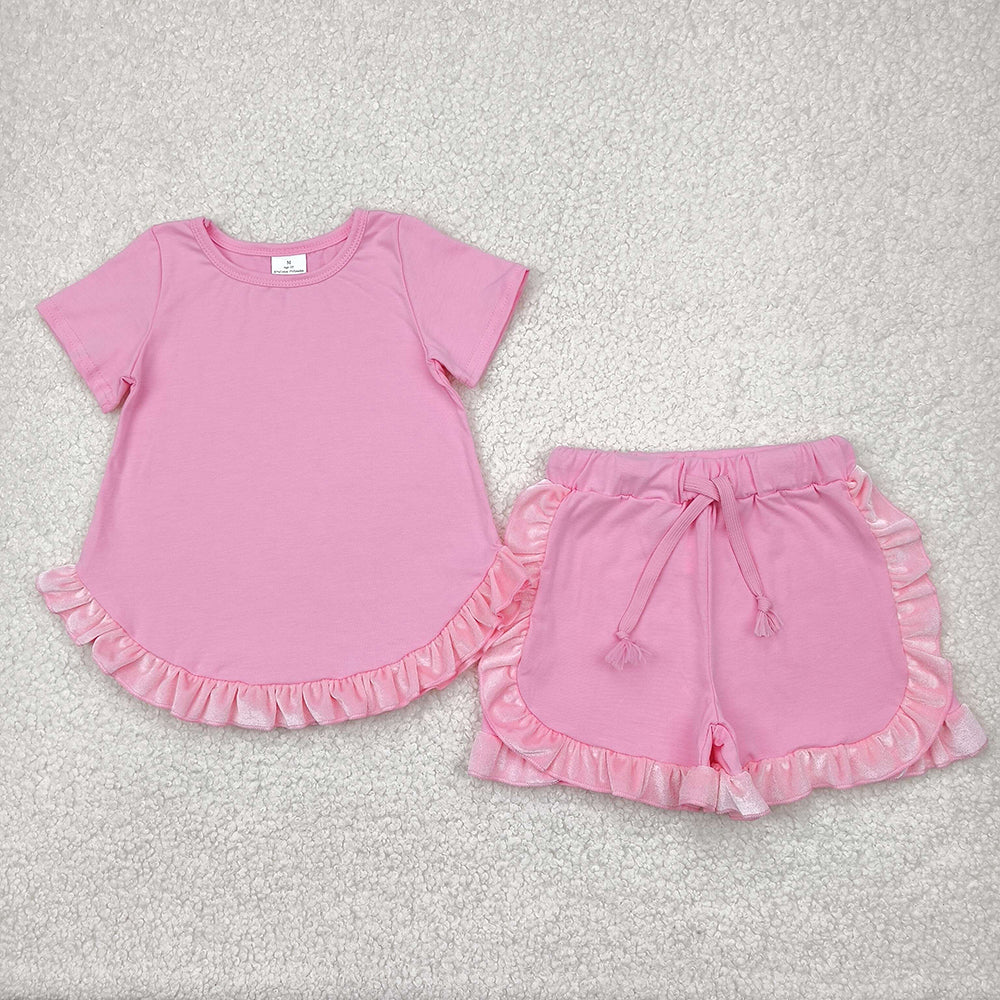 GSSO2181 Pink Tunic Velvet Top Ruffle Shorts Boutique Outfits Sports Sets