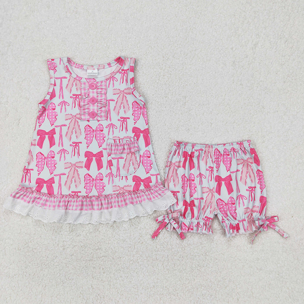 Sibling Baby Girls Pink Bows Rompers Outfits Sets