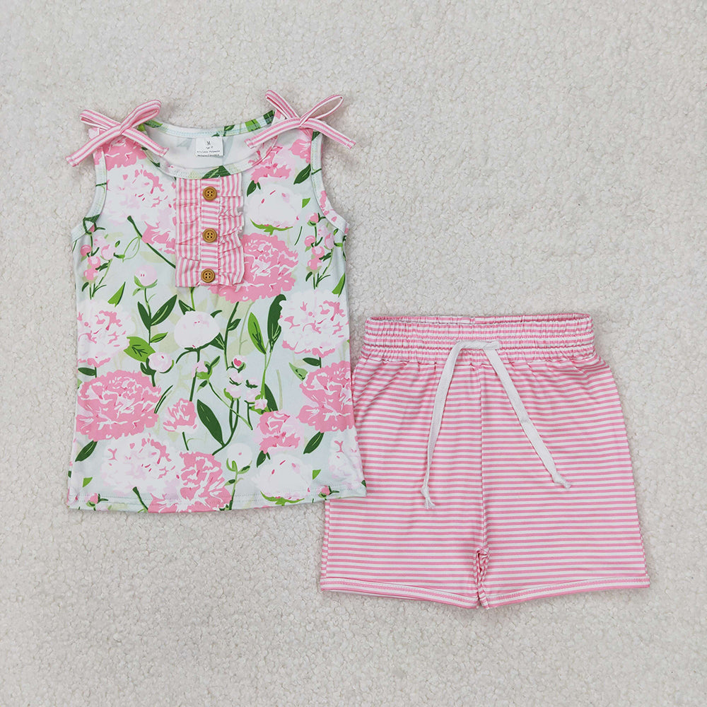 Sibling 4 colors Baby Girls Sleeveless Floral Button Top Shorts Set