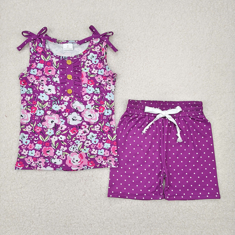 Sibling 4 colors Baby Girls Sleeveless Floral Button Top Shorts Set