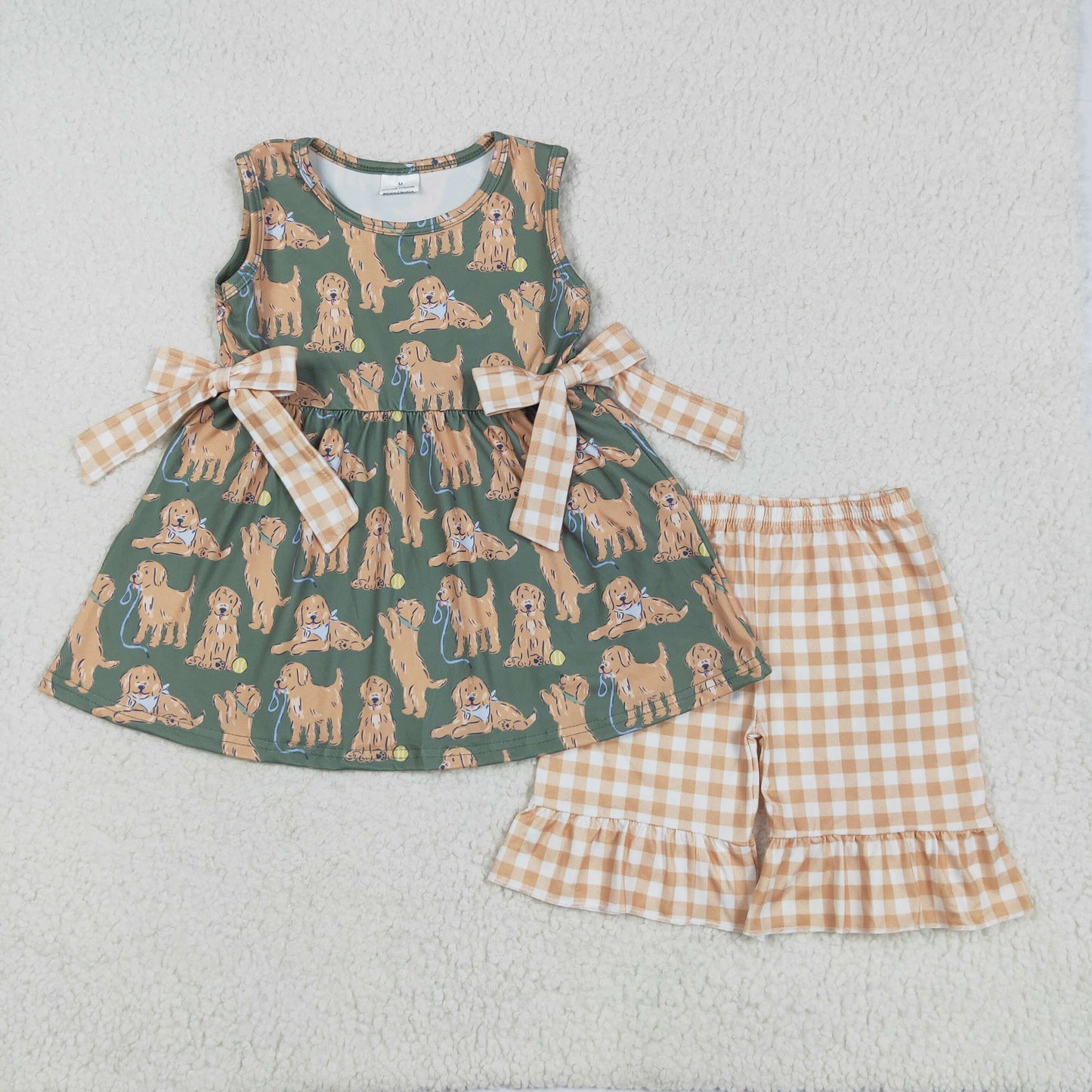 Sibling Baby Girls Green Sleeveless Dogs Bows Tunic Khaki Plaid Ruffle Shorts Sets Rompers