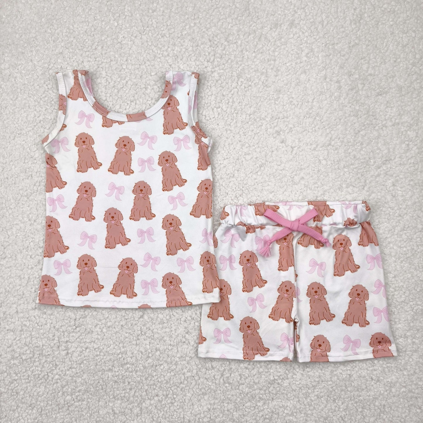 Sibling Baby Girls Sleeveless Bows Dogs Flowers Top Short With Belt Sets