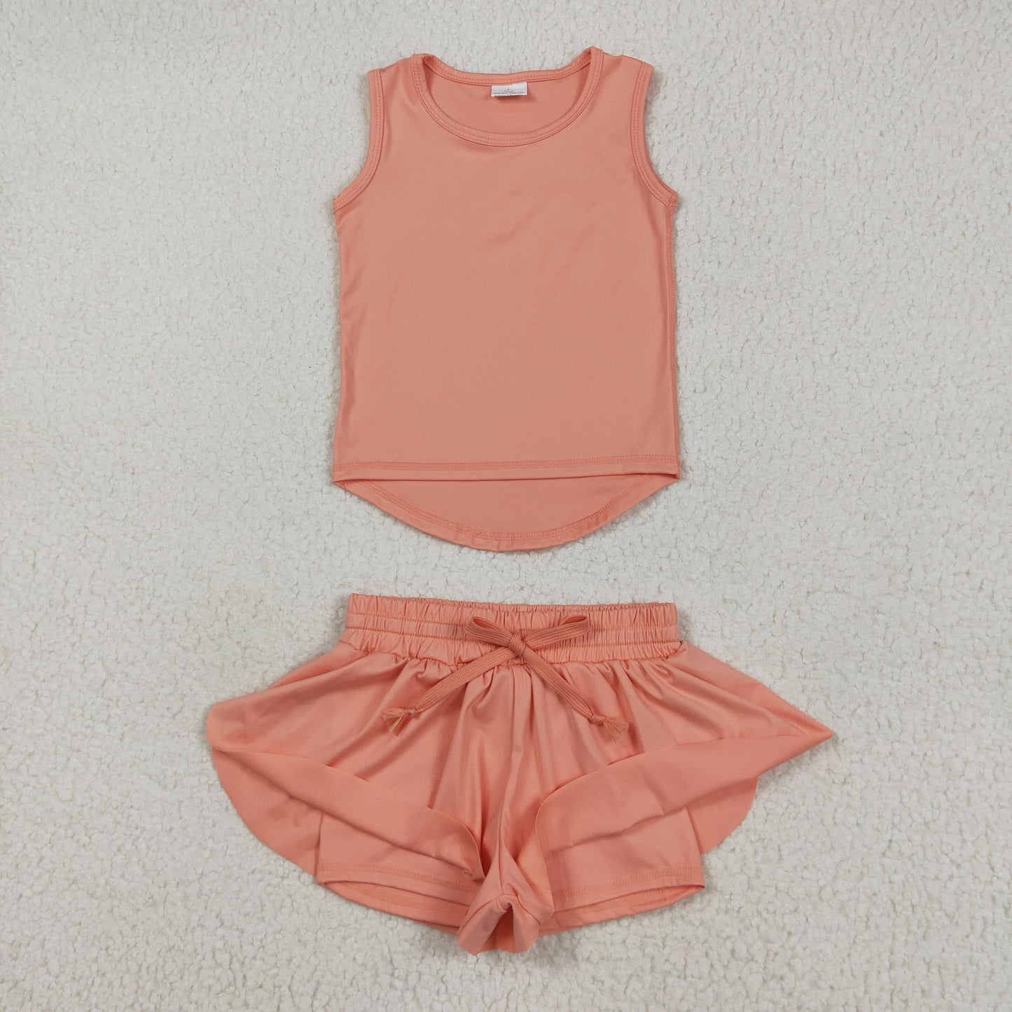 GSSO2502 Baby Girls Peach Sleeveless Vests Top Ruffle Shorts Yoga Active Clothes Sets