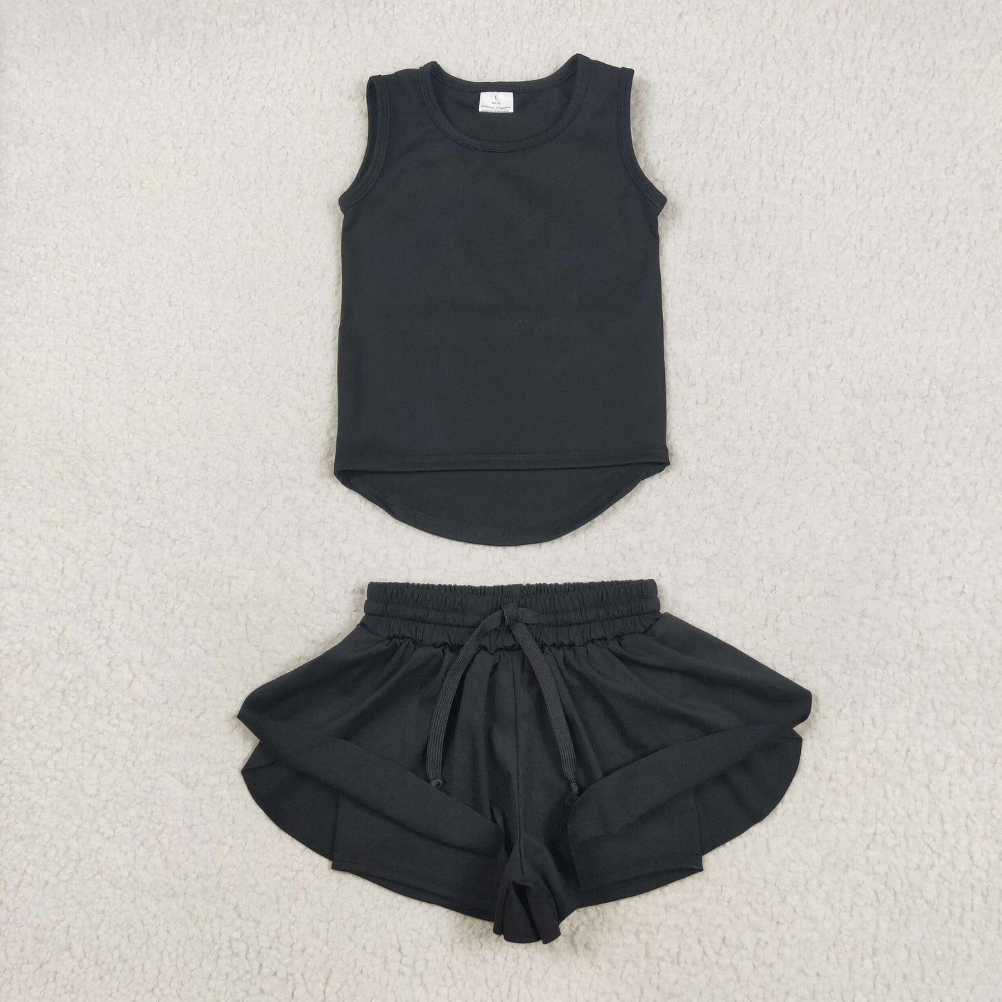 GSSO2505 Baby Girls Black Sleeveless Vests Top Ruffle Shorts Yoga Active Clothes Sets