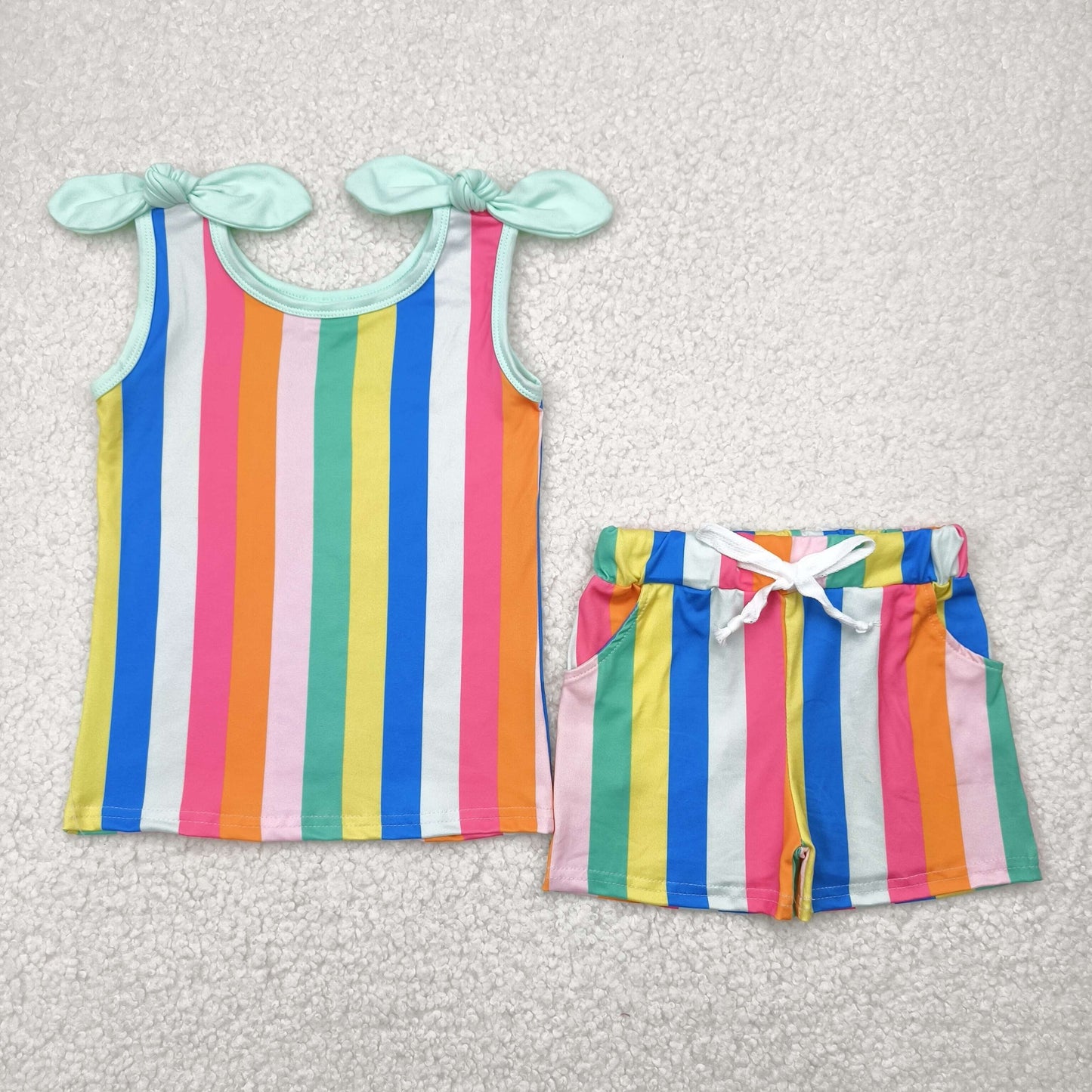 Sibling Baby Girls Sleeveless Colorful Stripe Bows Top Shorts Sets