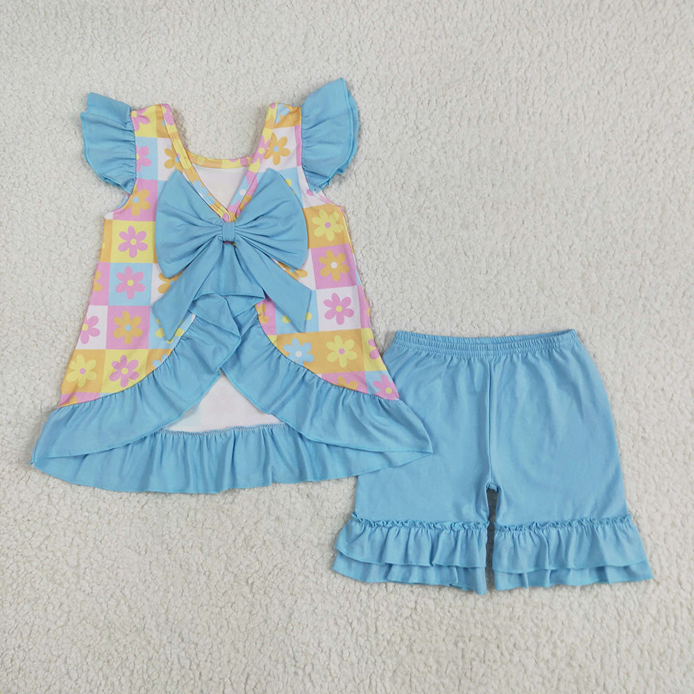 GSSO2623 baby girls groovy flowers back bow tunic ruffle shorts outfits sets