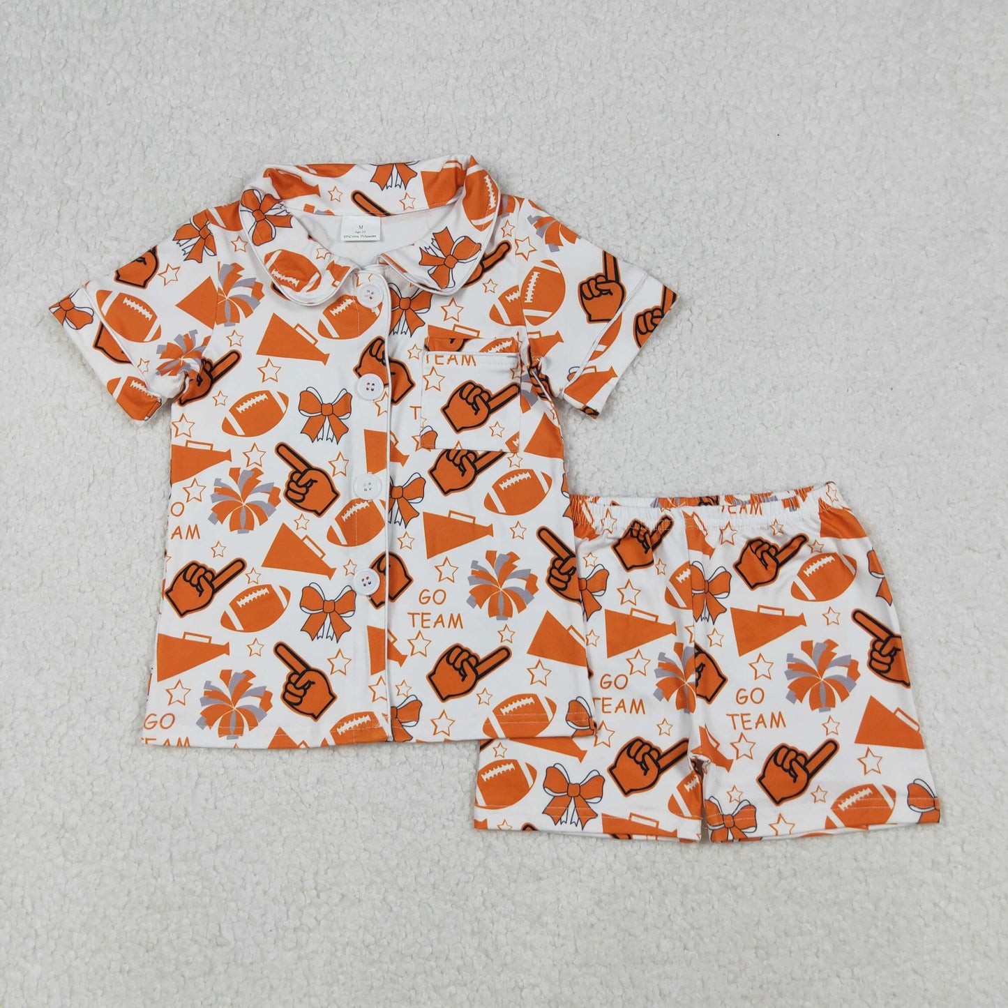 GSSO2676 Baby Girls Orange Bows Footballs Button Pocket Top Shorts Team Pajamas Sets