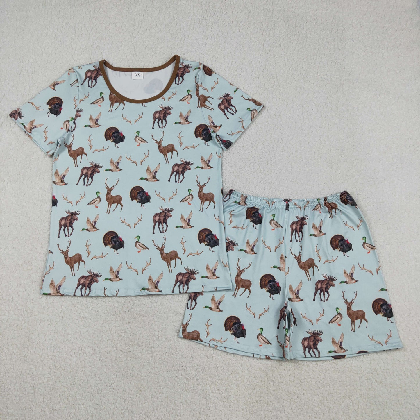 GSSO2711 Adult Women Ducks Deer Turkey Top Shorts Hunting Pajamas Set