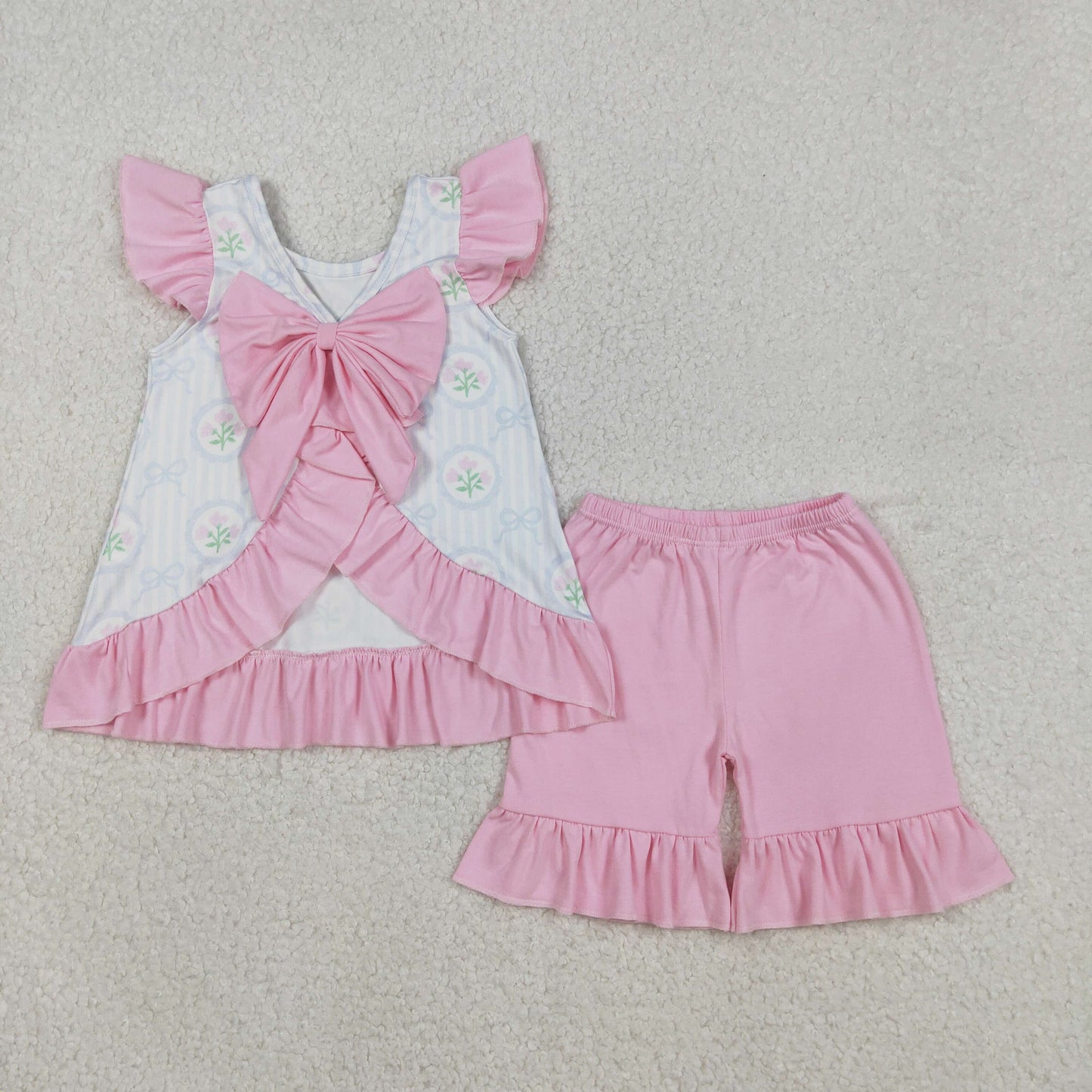 GSSO2732 Baby Girls Pink Flowers Stripe Back Bows Tunic Ruffle Shorts Clothes Sets