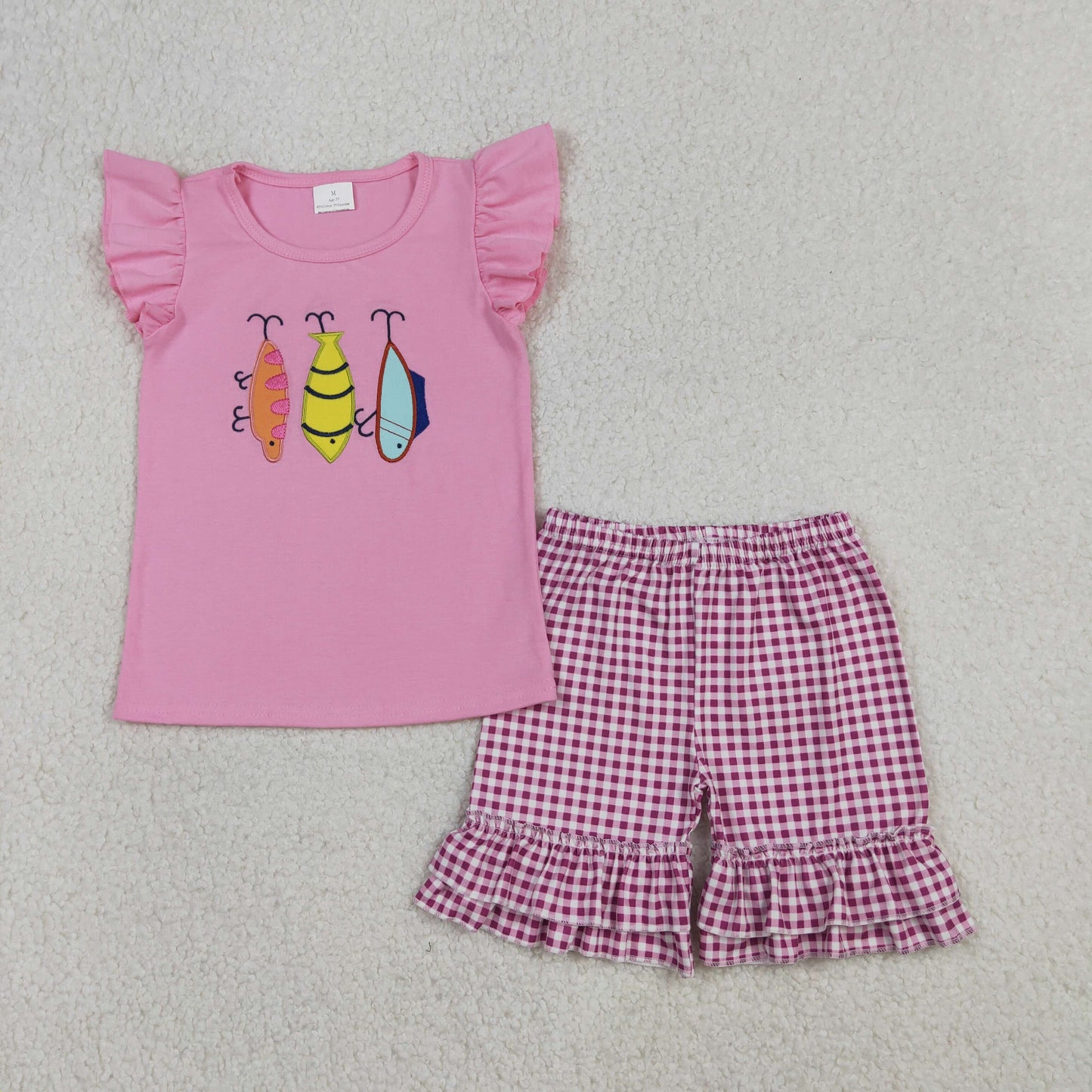 GSSO2795 Baby Girls Embroidery Fishing Top Ruffle Checked Shorts Hunting Clothes Sets