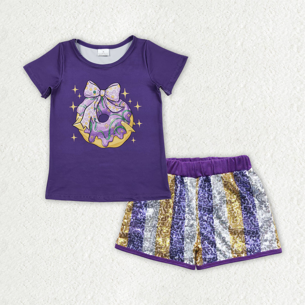 Baby Girls Purple Bows Donuts Top Stripe Sequin Shorts Mardigras Clothes Sets