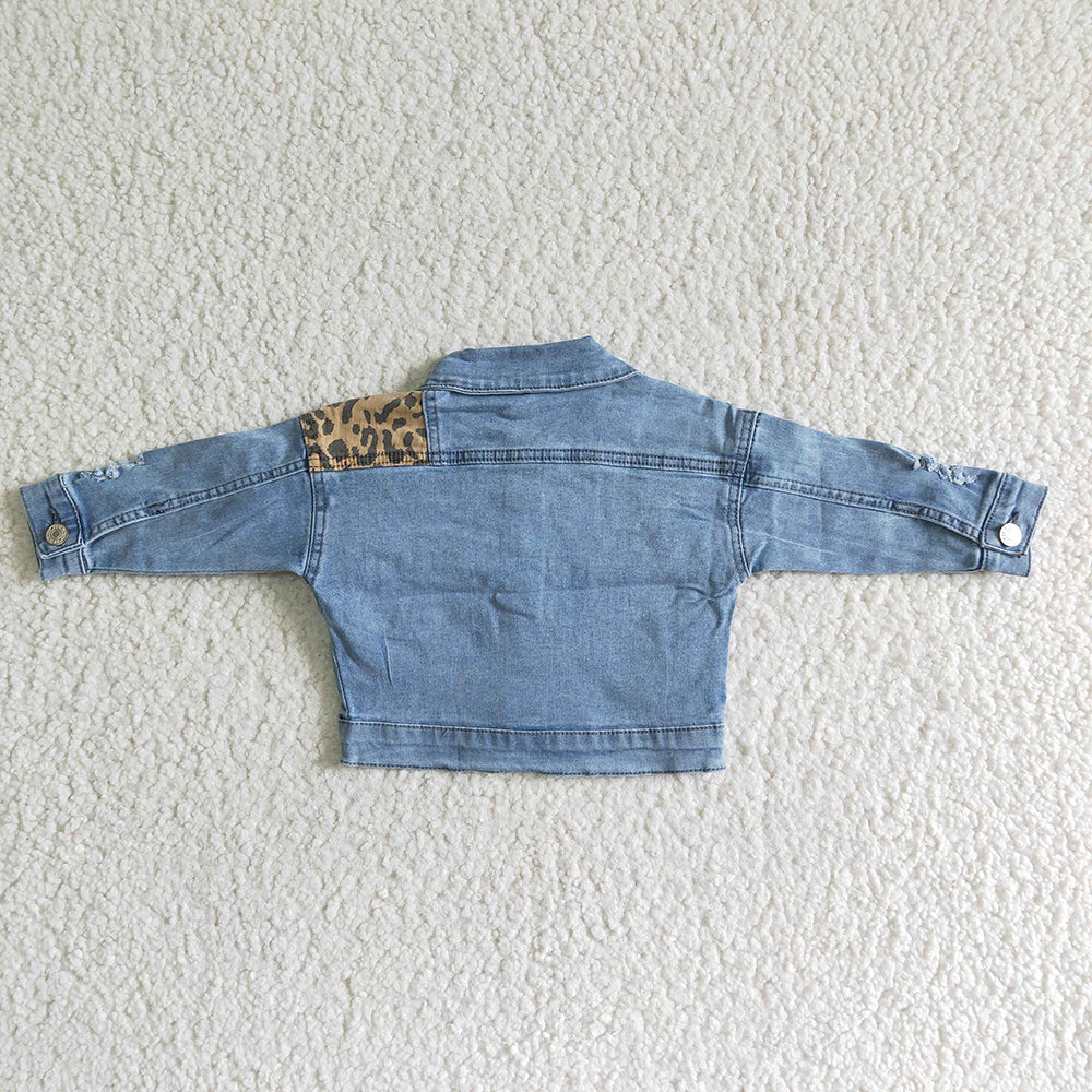 Kids girl denim leopard ripped with pocket jacket GT0002