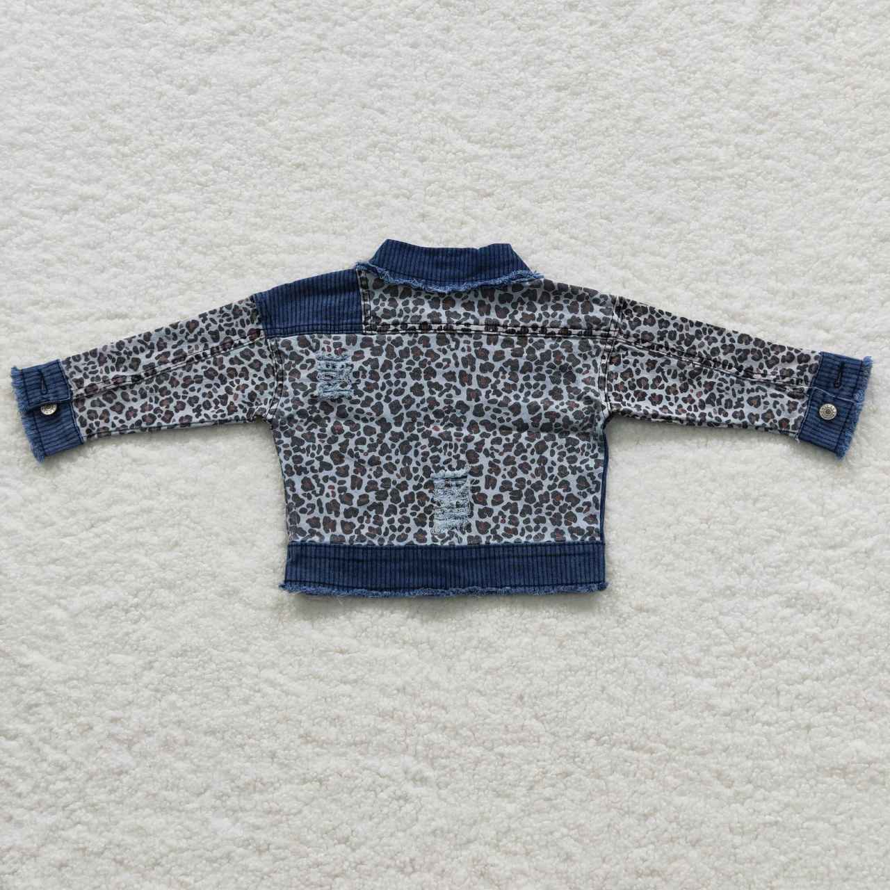 Kids girl denim leopard pocket ripped with pocket jacket GT0203