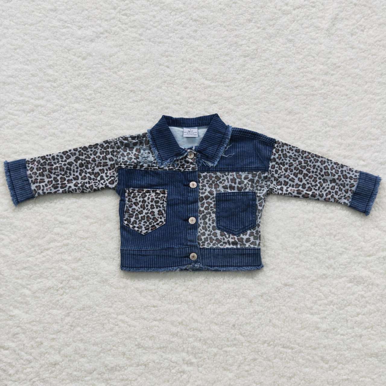 Kids girl denim leopard pocket ripped with pocket jacket GT0203