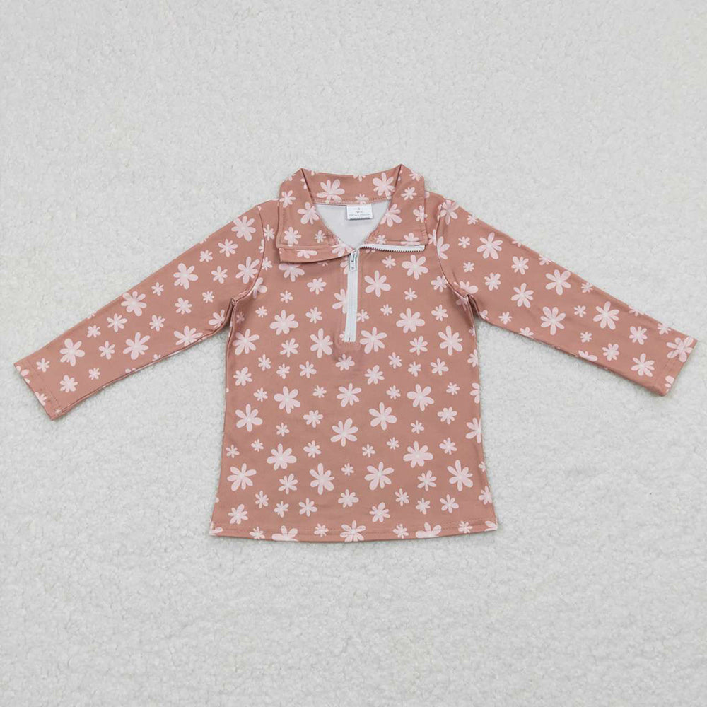 GT0363 baby girl clothes brown pink flowers top girl pullovers