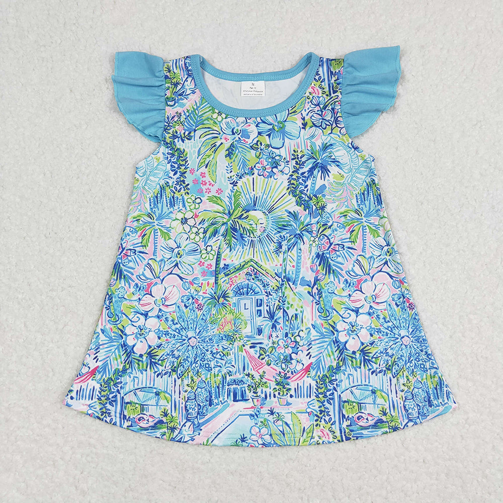 Sibling Baby Girls Sea Flowers Flutter Sleeve Tunic Tops