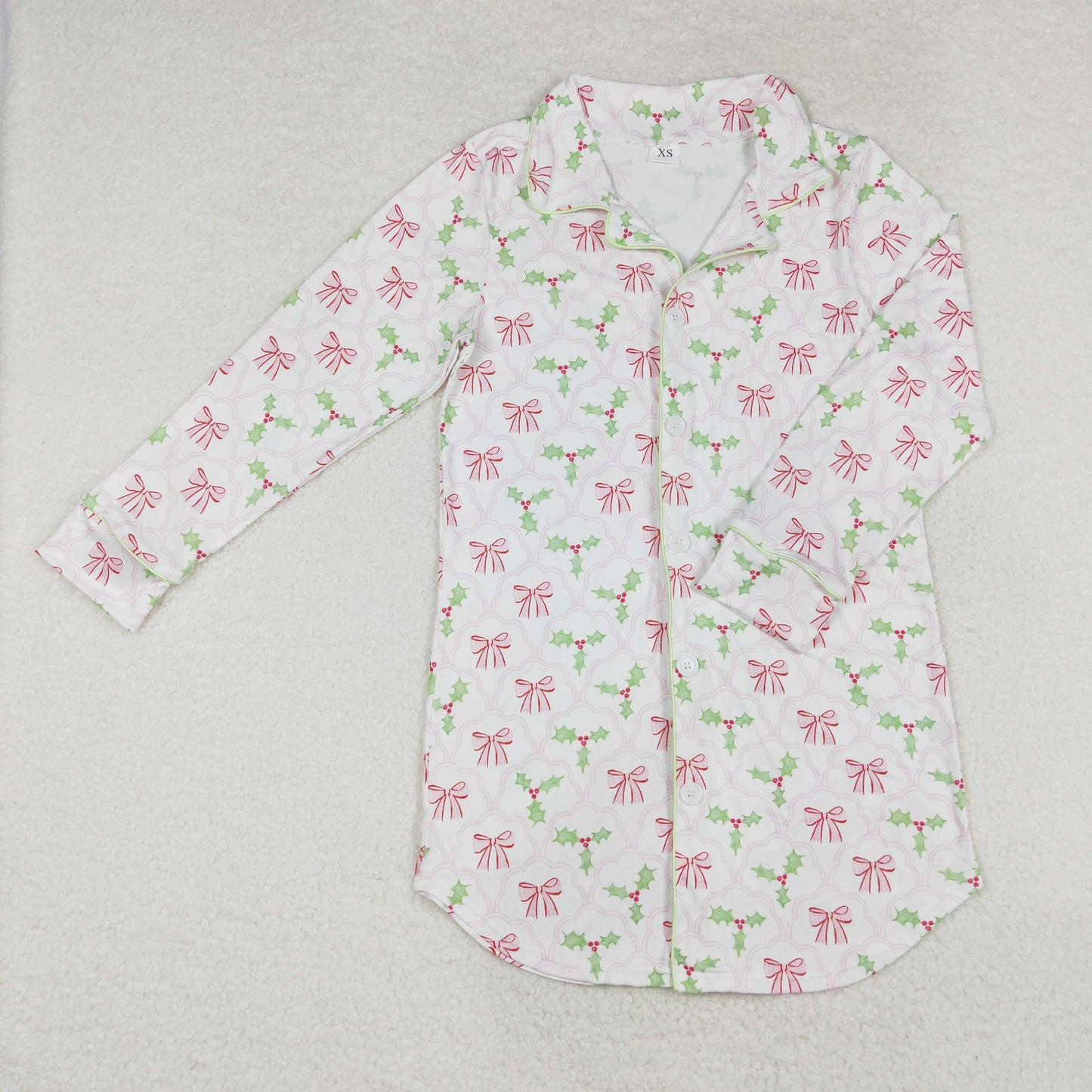 GT0661 Adult Women Pink Bows Holly Checked Button Christmas Sleep Wear Shirts