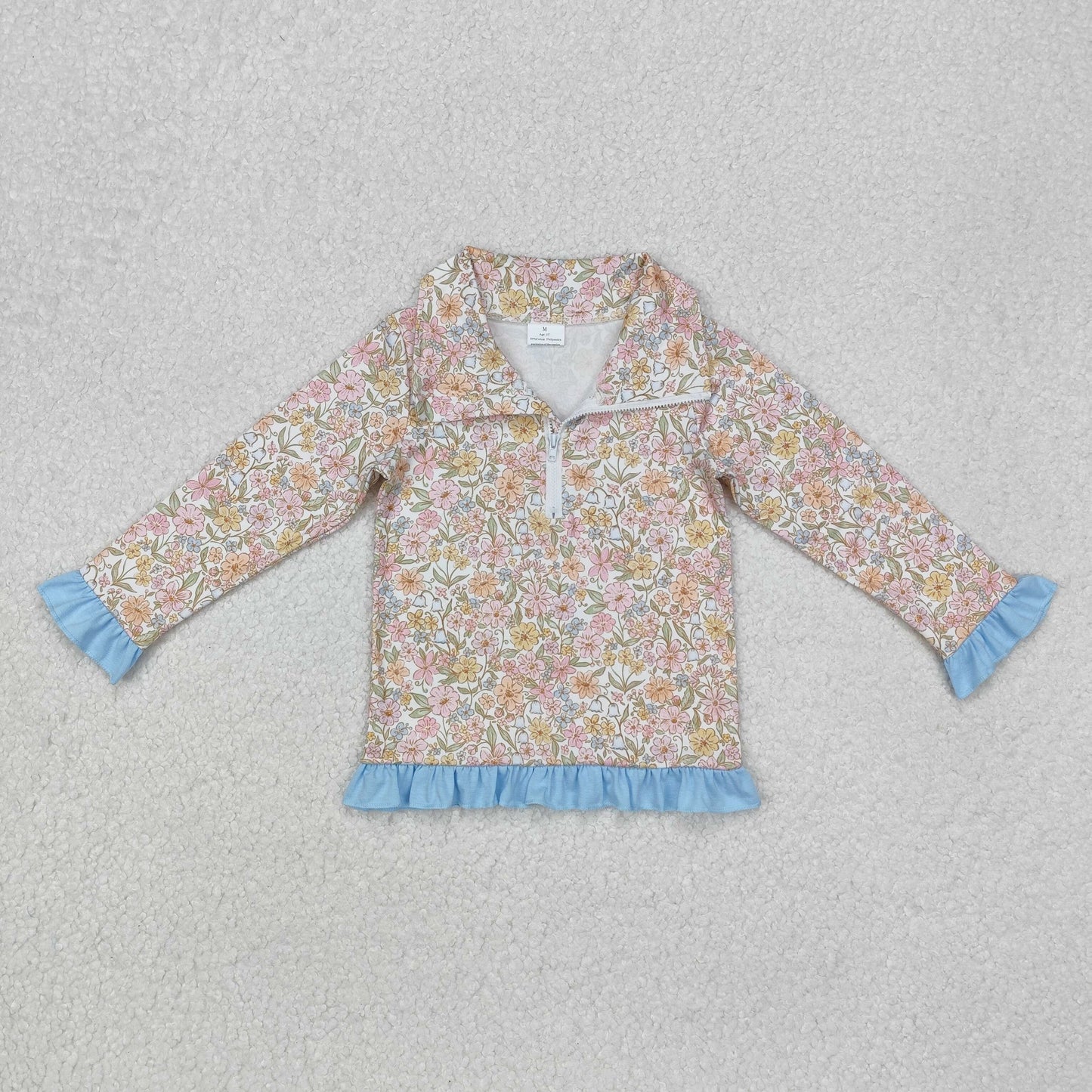 Sibling Baby Girls Boutique Flowers Checked Long Sleeves Half Zipper Pullovers Tops