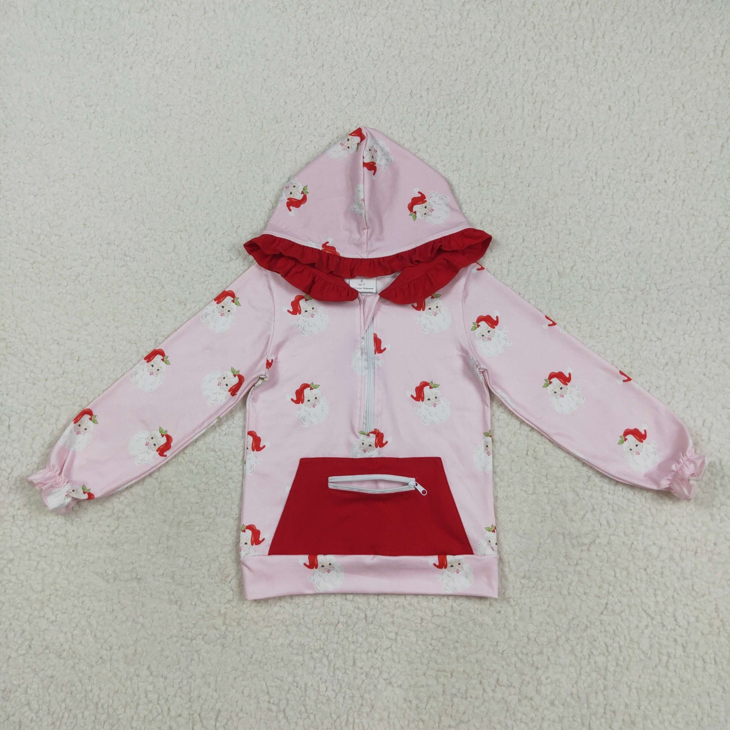GT1047 Baby Girls Pink Santa Plaid Zipper Pocket Christmas Ruffle Hoodies Top