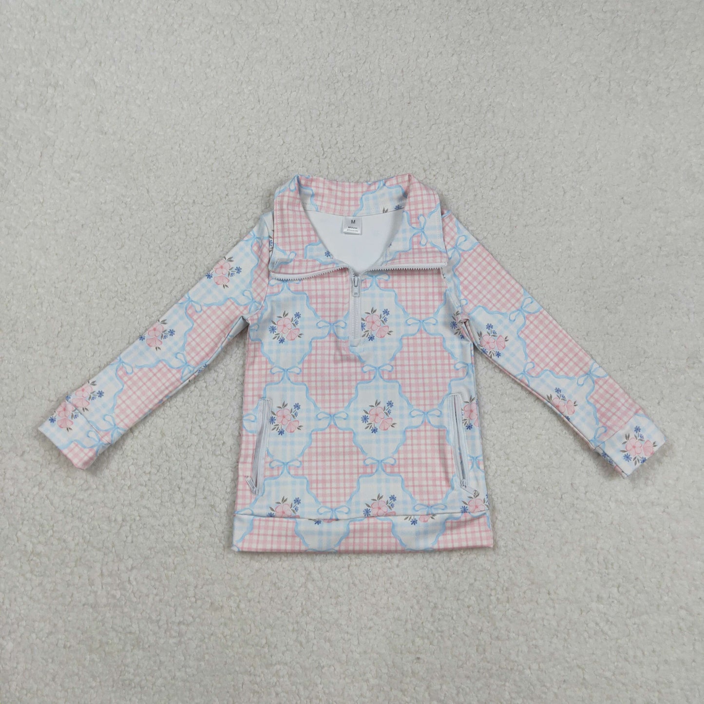 GT1062 Baby Girls Pink Flowers Checked Yoga Active Zipper Pockets Pullovers Top