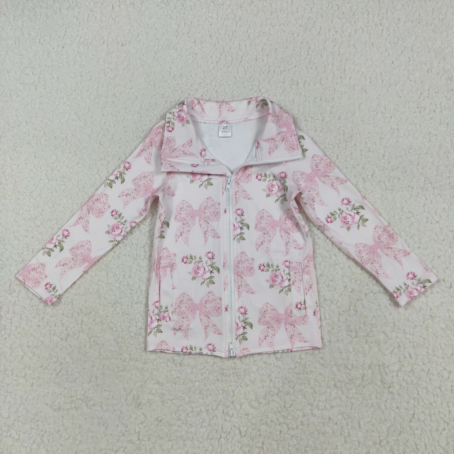 GT1075 Baby Girls Pink Flowers Bows Yoga Active Zipper Pockets Jackets Top