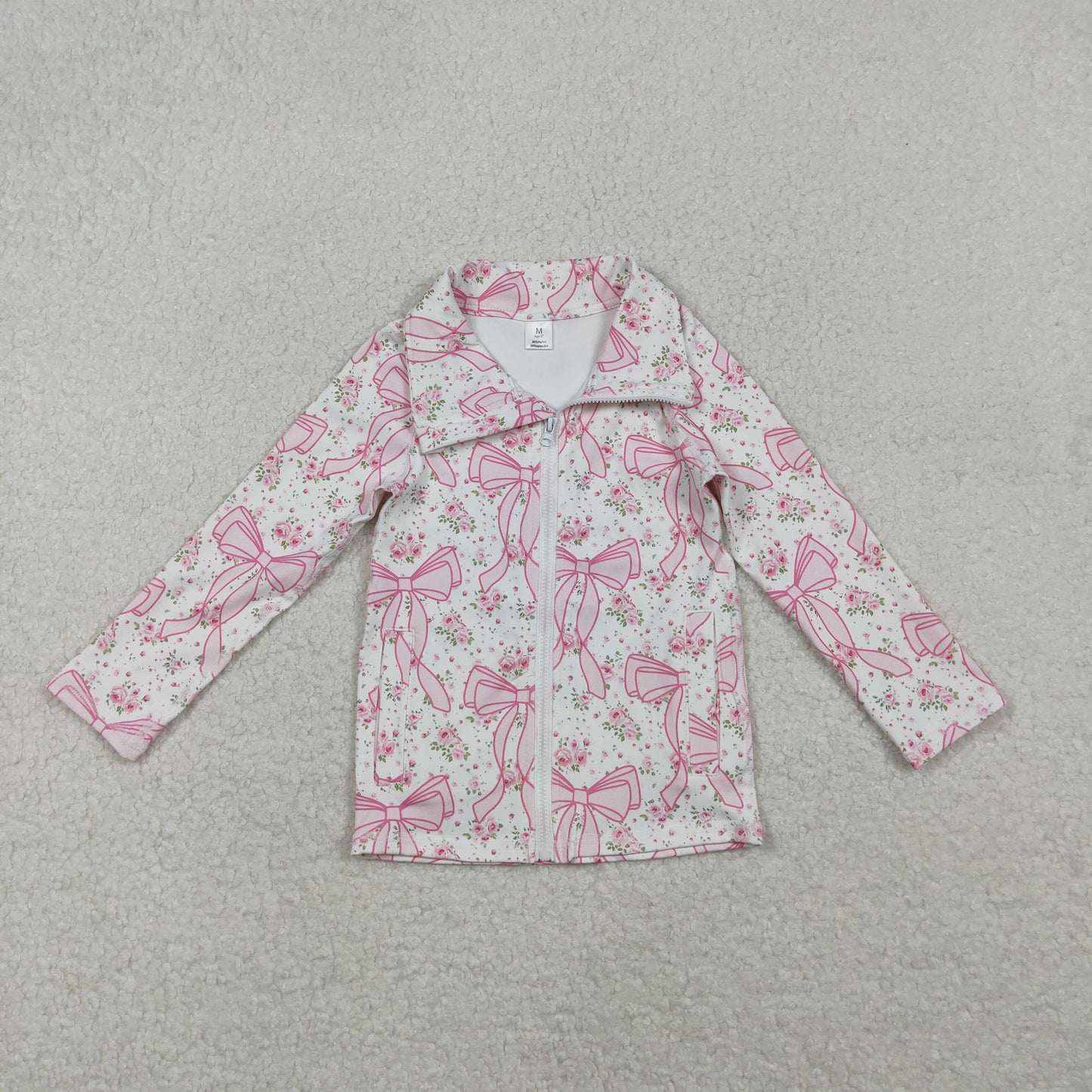 GT1082 Baby Girls Pink Bows Flowers Yoga Active Zipper Pockets Jackets Top