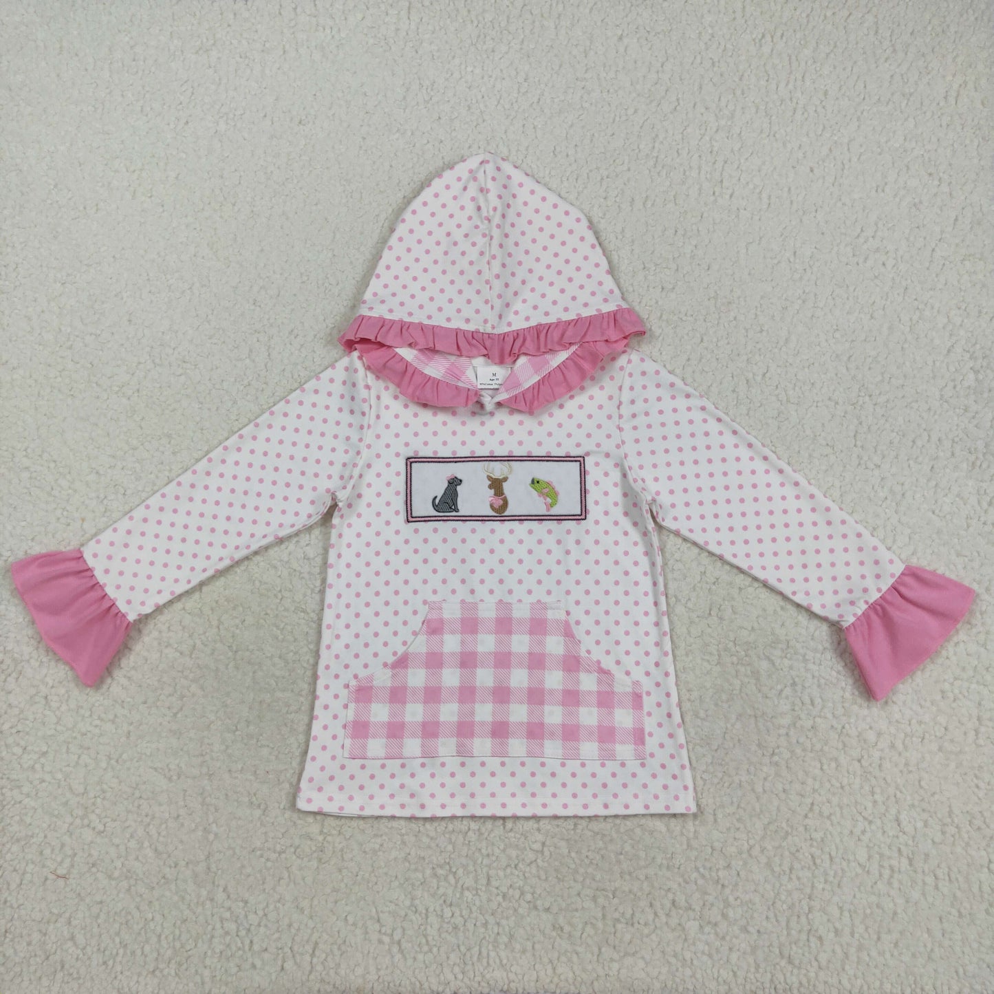 GT1106 Baby Girls Pink Polka Dots Embroidery Dog Deer Fish Pocket Hunting Ruffle Hoodies Top
