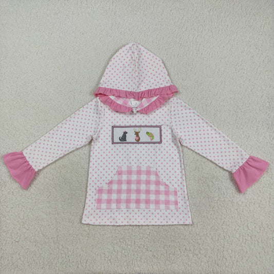 GT1106 Baby Girls Pink Polka Dots Embroidery Dog Deer Fish Pocket Hunting Ruffle Hoodies Top